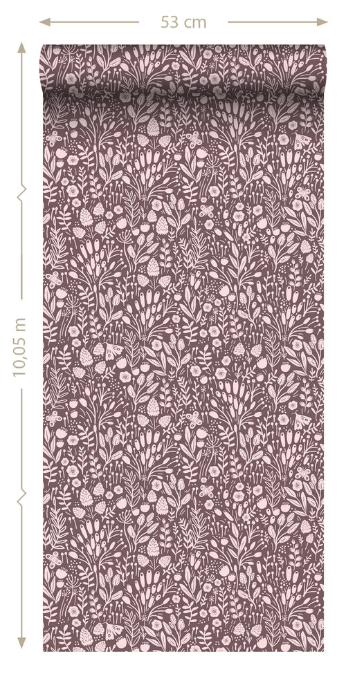 ESTAhome behang bloemetjes aubergine paars - 50 x 900 cm - 131254 - vtwonen shop