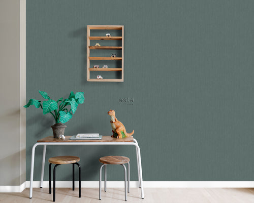 ESTAhome behang effen denim jeans structuur vergrijsd groen - 53 cm x 10.05 m - 148706