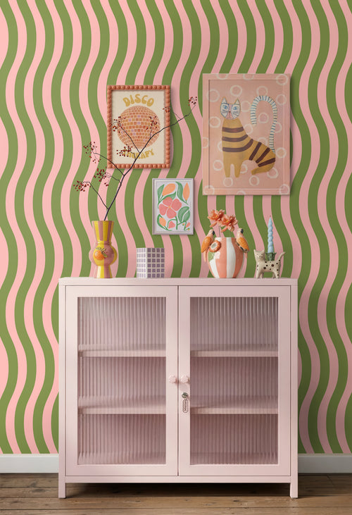ESTAhome behang golvende strepen roze en groen - 0.53 x 10.05 m - 131610