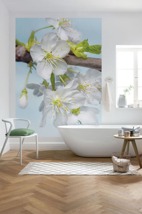 Sanders & Sanders fotobehang bloesems wit, groen en blauw - 184 x 248 cm - 612309