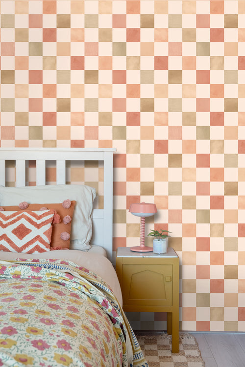 ESTAhome behang geblokt motief beige en terracotta - 50 x 900 cm - 131717