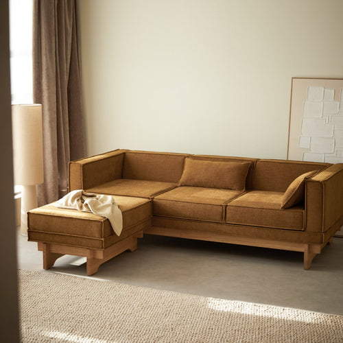 Tikamoon Houten voetenbank van eiken en okerkleurige stof - Mosterd