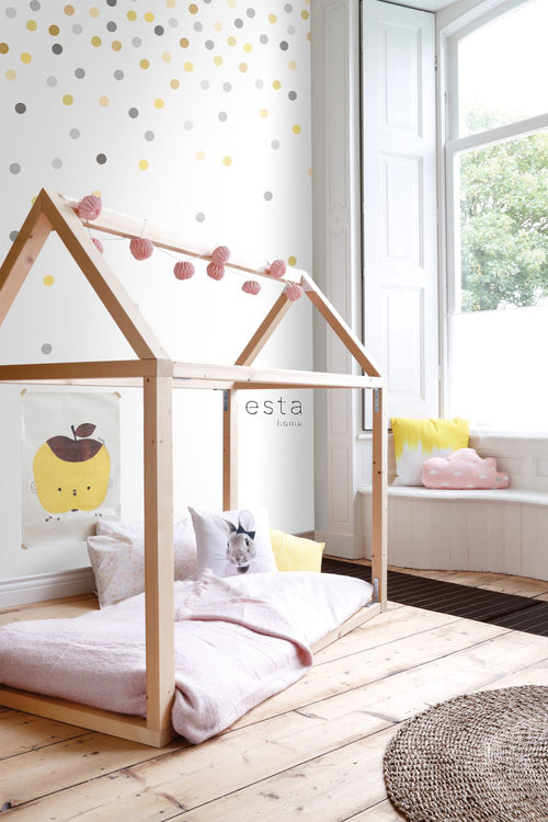 ESTAhome fotobehang confetti dots geel en grijs - 200 x 279 cm - 158930 - vtwonen shop