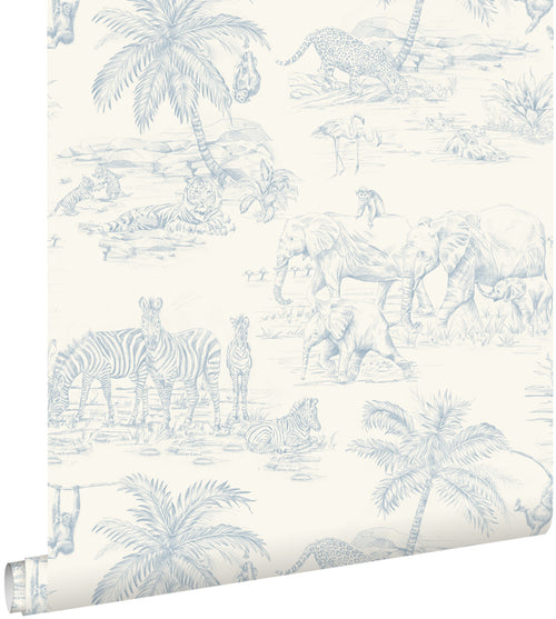 ESTAhome behang jungle dieren lichtblauw en wit - 50 x 900 cm - 132120