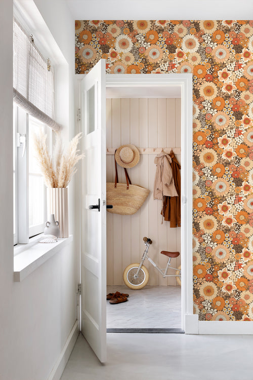 ESTAhome behang retro bloemen oranje en terracotta roze - 50 x 900 cm - 131318