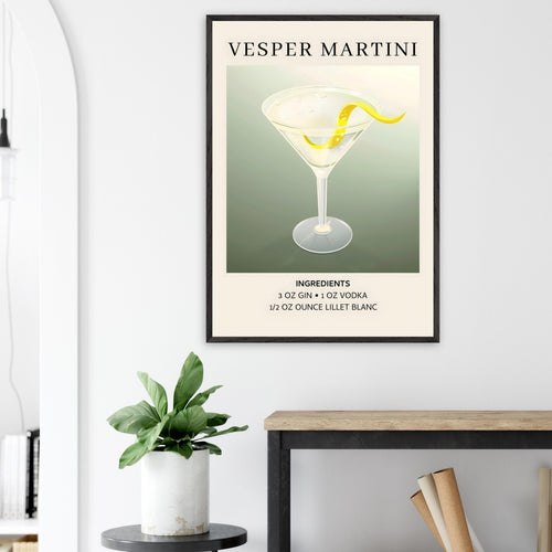 Artfulprints Poster met Lijst Vesper Martini cocktail - Ingrediënten   - 50x70 cm - Grijs