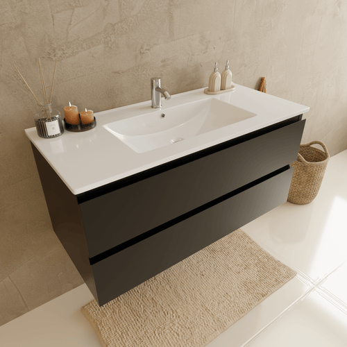 LOMAZOO badmeubelset Verona - met hoge kast & witte wastafel - mat zwart - 100 cm