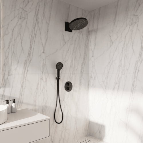 LOMAZOO inbouwdoucheset Caesar - met thermostaatkraan & ronde handdouche - mat zwart - 30 cm