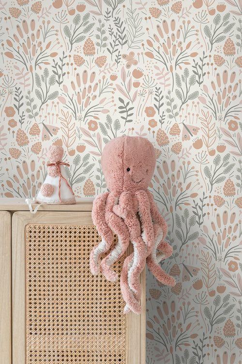 ESTAhome behang bladeren en bloemen lichtblauw en terracotta - 50 x 900 cm - 131387 - vtwonen shop