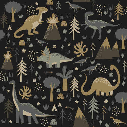 ESTAhome behang dinosaurussen vergrijsd blauw, bruin en zwart - 50 x 900 cm - 139803
