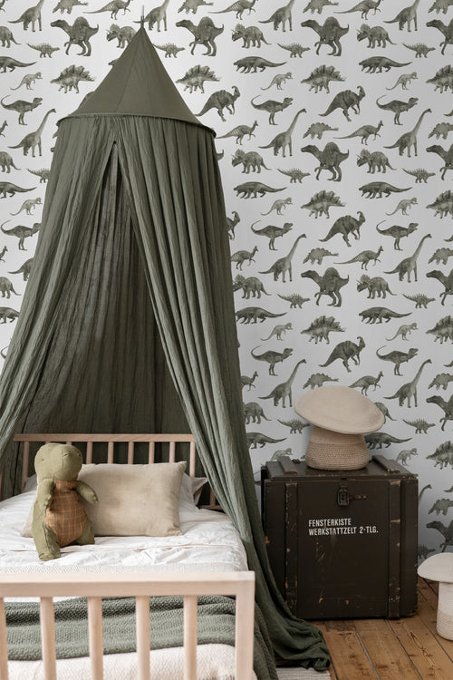 ESTAhome behang dinosaurussen groen grijs - 50 x 900 cm - 131199