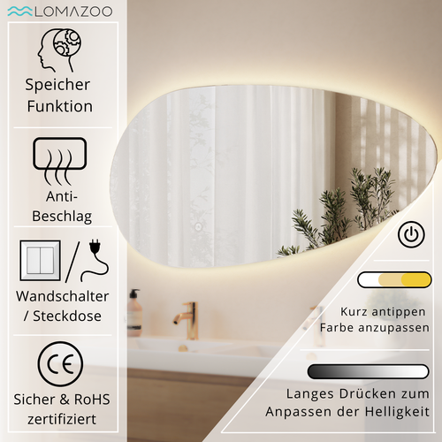 LOMAZOO badkamerspiegel Adana - organisch - met LED verlichting & spiegelverwarming - asymmetrisch - 140 x 71 cm