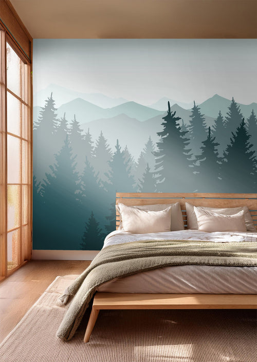 Sanders & Sanders fotobehang berglandschap met bomen vergrijsd blauw - 375 x 270 cm - 600992 - vtwonen shop