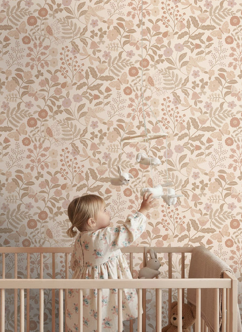 ESTAhome behang bloemen en vogels beige en zacht roze - 53 cm x 10.05 m - 139868