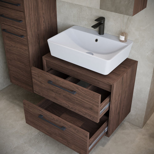 Badplaats Wastafelkast Set Florence 60 x 35 cm – Walnoot Bruin – Badmeubel met Spiegelkast en Kolomkast