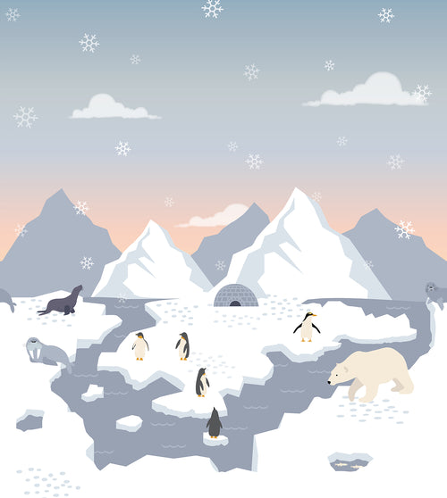 ESTAhome fotobehang ijsberen, pinguins en zeehonden in de sneeuw blauw 250 x 279 cm 159297