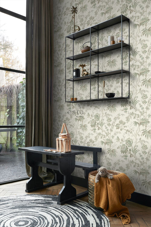 ESTAhome behang vintage bloemen crème en vergrijsd groen - 53 cm x 10.05 m - 139400