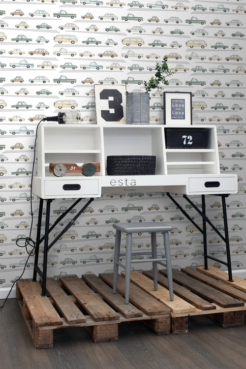 ESTAhome behang auto's vergrijsd groen, grijs en beige - 50 x 900 cm - 139537