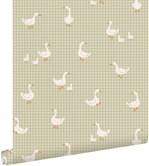 ESTAhome behang schattige ganzen vergrijsd groen - 50 x 900 cm - 132189