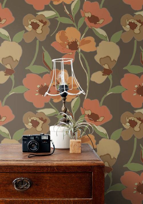 ESTAhome behang bloemen oranje en vergrijsd groen - 50 x 900 cm - 130990 - vtwonen shop