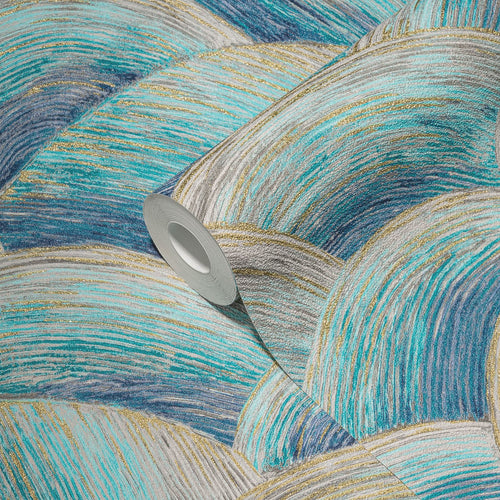 Livingwalls behang art deco bogen blauw, turquoise, goud en grijs - 53 cm x 10.05 m - AS-391051