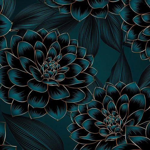Sanders & Sanders fotobehang bloemen petrolblauw en goud - 375 x 270 cm - 601454