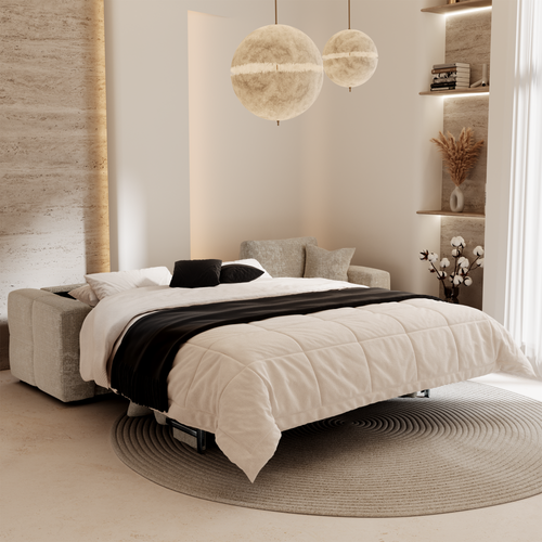 Premium Interiors - Rechthoekige hoekbank met snelle slaapfunctie VIBE - gewaafd fluweel beige 286cm