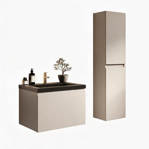 LOMAZOO badmeubelset Sorrento - met hoge kast & zwarte wastafel - greige - 60 cm