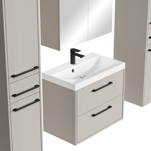 Badplaats Badkamermeubel Set Florence 60 cm XL – Beige – Hangend Badmeubel met Wastafel, Spiegelkast en Zijkasten