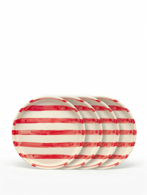 vtwonen - Gebaksbord - Strepen - Rood - Keramiek - 13cm - Set van 4