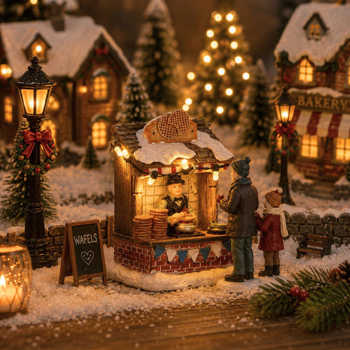 Luville Kerstdorp Stroopwafelkraam - Kerstversiering met Warm Witte Verlichting voor Binnen - Kerst Decoratie met Bakker en Stroopwafels - L7 x B6 x