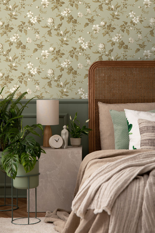 Borastapeter behang vintage bloemen vergrijsd olijfgroen - 53 cm x 10.05 m - 660056 - vtwonen shop