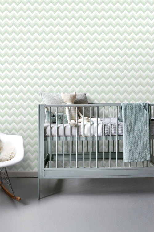 ESTAhome behang zigzag motief mintgroen en wit - 53 cm x 10.05 m - 128858