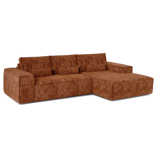 Premium Interiors - Rechthoekige hoekbank met snelle slaapfunctie JUNE - gewaafd fluweel terracotta 320cm