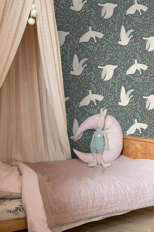 ESTAhome behang zwanen vergrijsd blauw en wit - 53 cm x 10.05 m - 139798