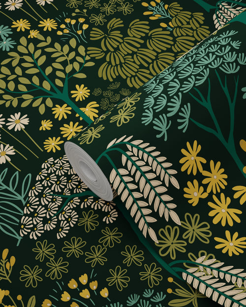 ESTAhome behang bomen en bloemen blauwgroen en geel - 50 x 900 cm - 131190 - vtwonen shop