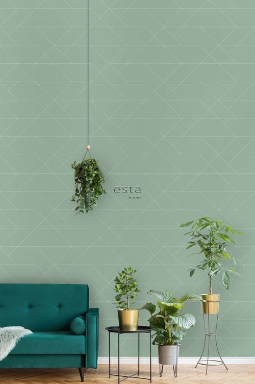 ESTAhome behang grafische lijnen vergrijsd mintgroen - 53 cm x 10.05 m - 139453