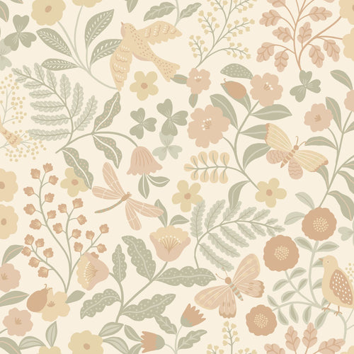 ESTAhome behang bloemen en vogels beige, groen en zacht roze - 53 cm x 10.05 m - 139867
