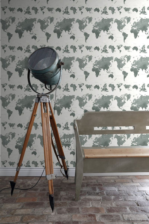 ESTAhome behang vintage wereldkaarten vergrijsd groen - 53 cm x 10.05 m - 138971