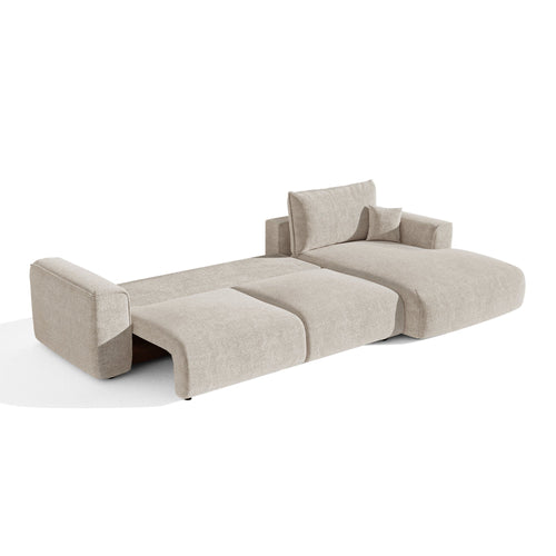 Premium Interiors - Rechthoekige hoekbank met slaapfunctie en opbergruimte COMO - bouclé-stof beige 297cm