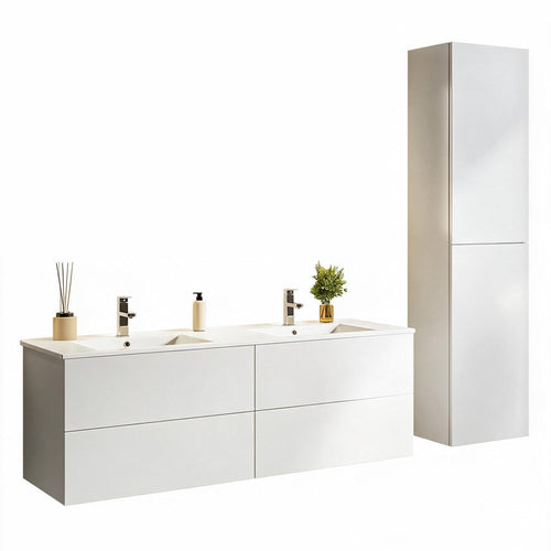 LOMAZOO badmeubelset Nuvano - met hoge kast & witte wastafel - glanzend wit - 140 cm