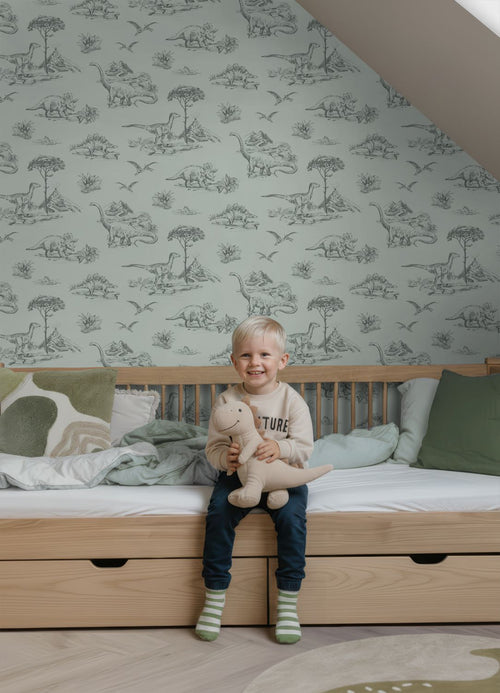 ESTAhome behang dinosaurussen vergrijsd zeegroen - 53 cm x 10.05 m - 139556
