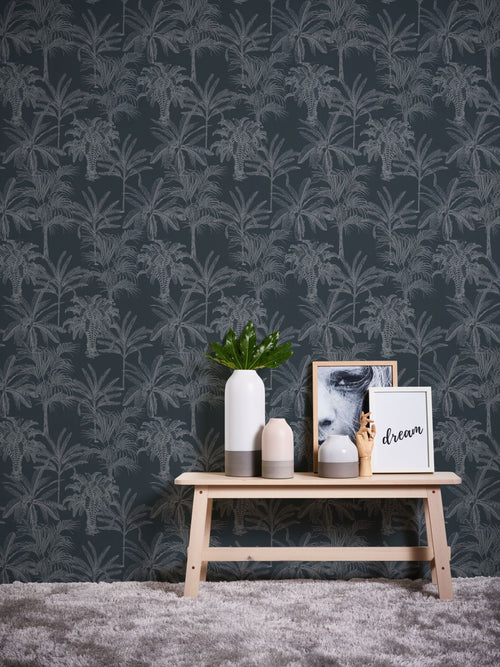 Livingwalls behang palmbomen zwart en grijs - 53 cm x 10.05 m - AS-379832