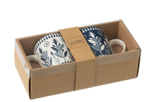 J-Line mok Bladeren - keramiek - blauw/wit - doos van 2