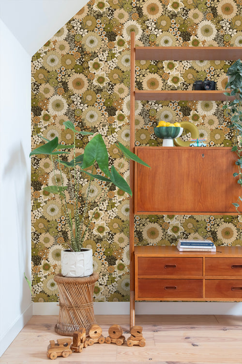 ESTAhome behang retro bloemen olijfgroen en oranje bruin - 50 x 900 cm - 131317 - vtwonen shop