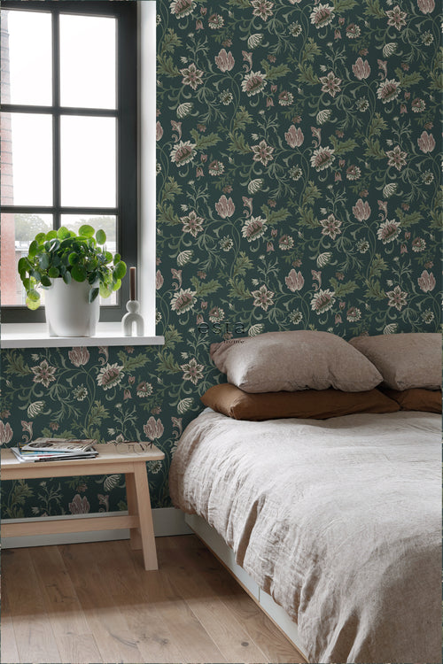 ESTAhome behang vintage bloemen antraciet grijs en groen - 53 cm x 10.05 m - 139415