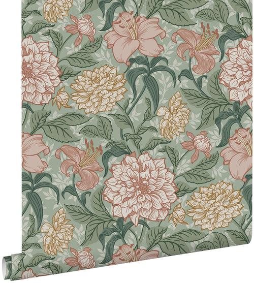 ESTAhome behang vintage bloemen groen en oudroze - 53 cm x 10.05 m - 139378