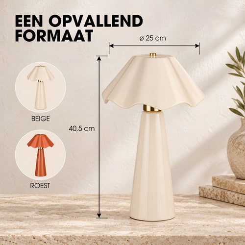 Mica Decorations Meera Tafellamp Roest - Keramische Tafellamp met Geplooide Lampenkap en Metalen Details - Geschikt voor E27 Lichtbron tot 60W met