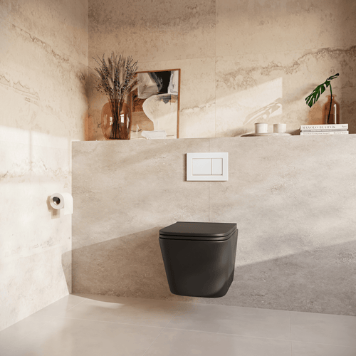 LOMAZOO hangtoiletset Linea - met inbouwreservoir & vierkante drukplaat - vierkant - wit / zwart