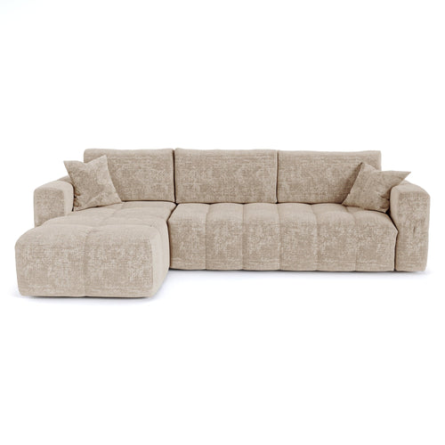 Premium Interiors - Linkshoekbank met snelle uitklapfunctie VIBE - gewaafd fluweel beige 286cm